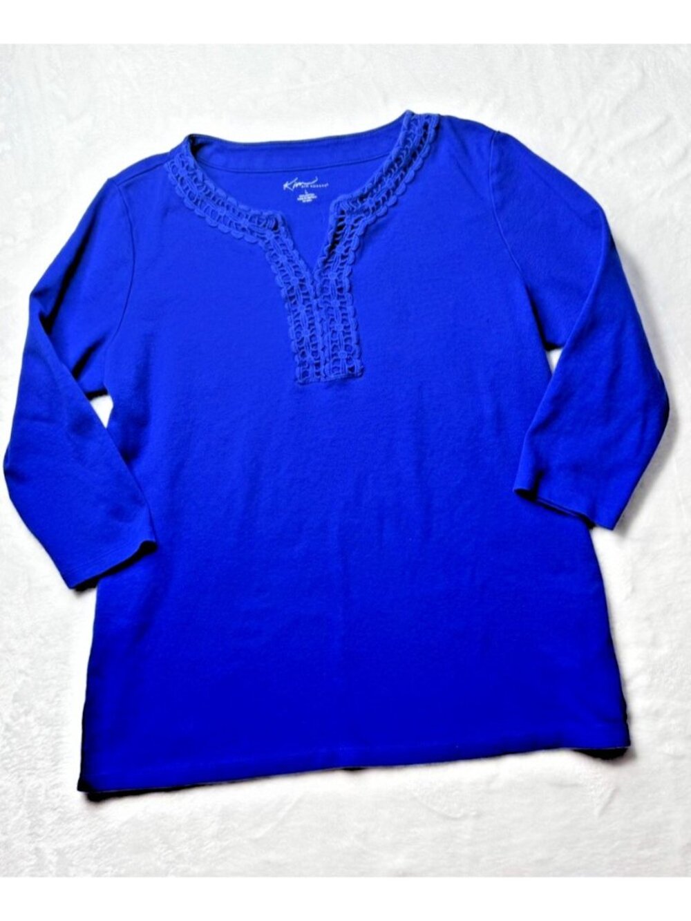 Kim Rogers Size L Womens Top Blue 3/4 Sleeve V Neck Embellished Vent Hem